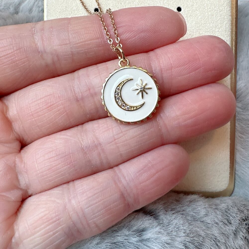 White Enamel Rhinestone Moon Star Charm Necklace